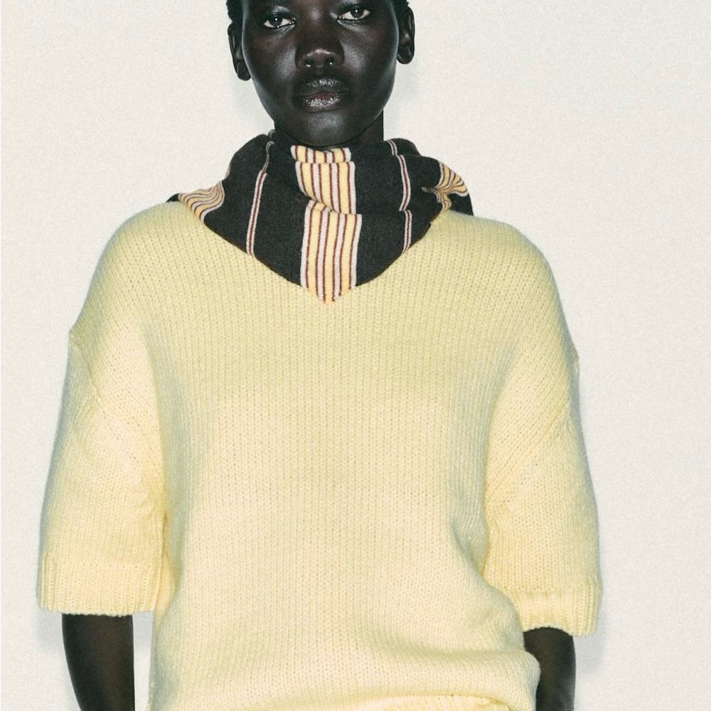 Zara Pale Yellow Short-Sleeve Knit Sweater with Striped Neck Detail